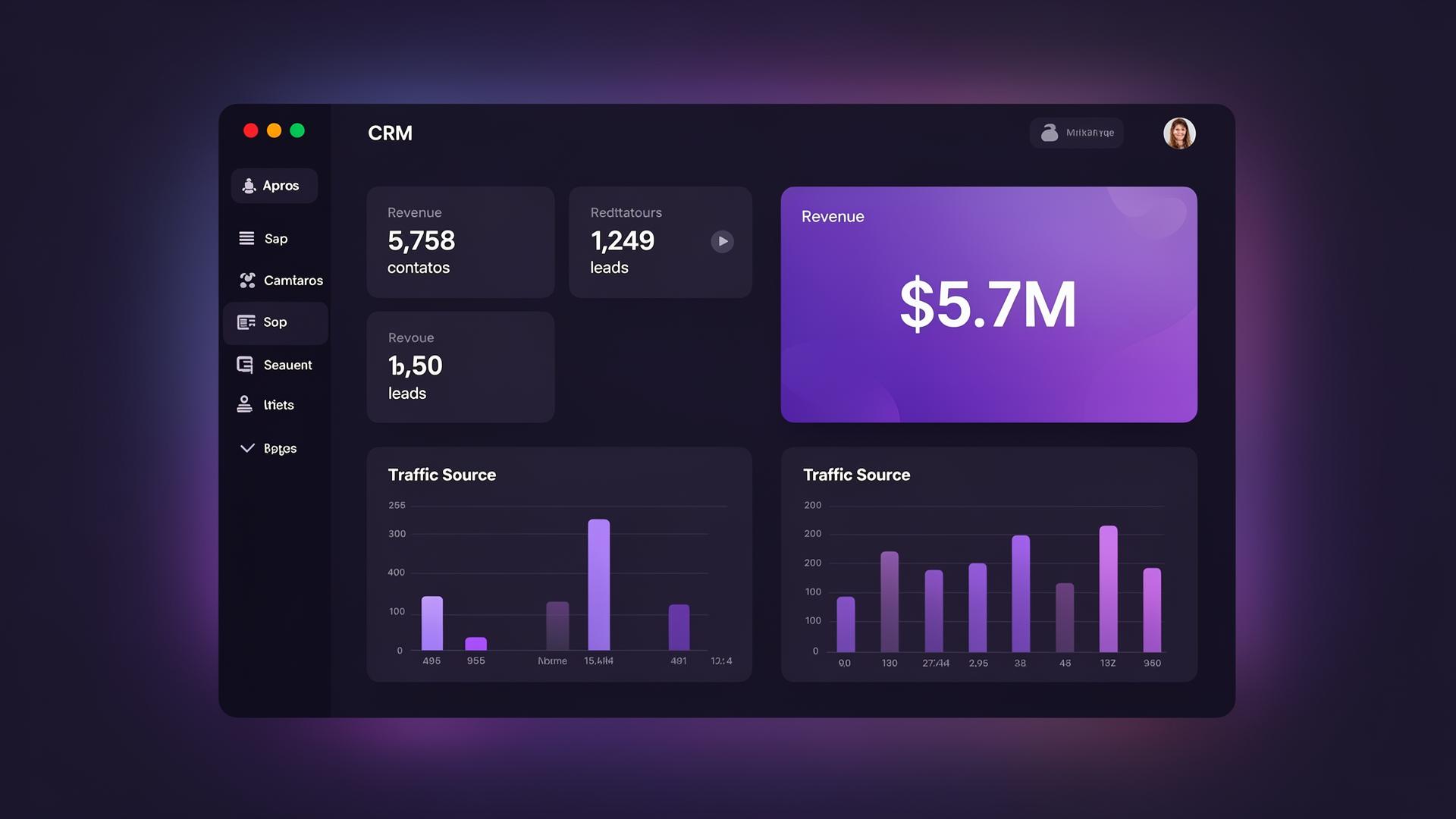 Dashboard MarI.A. CRM com métricas de vendas, leads e receita