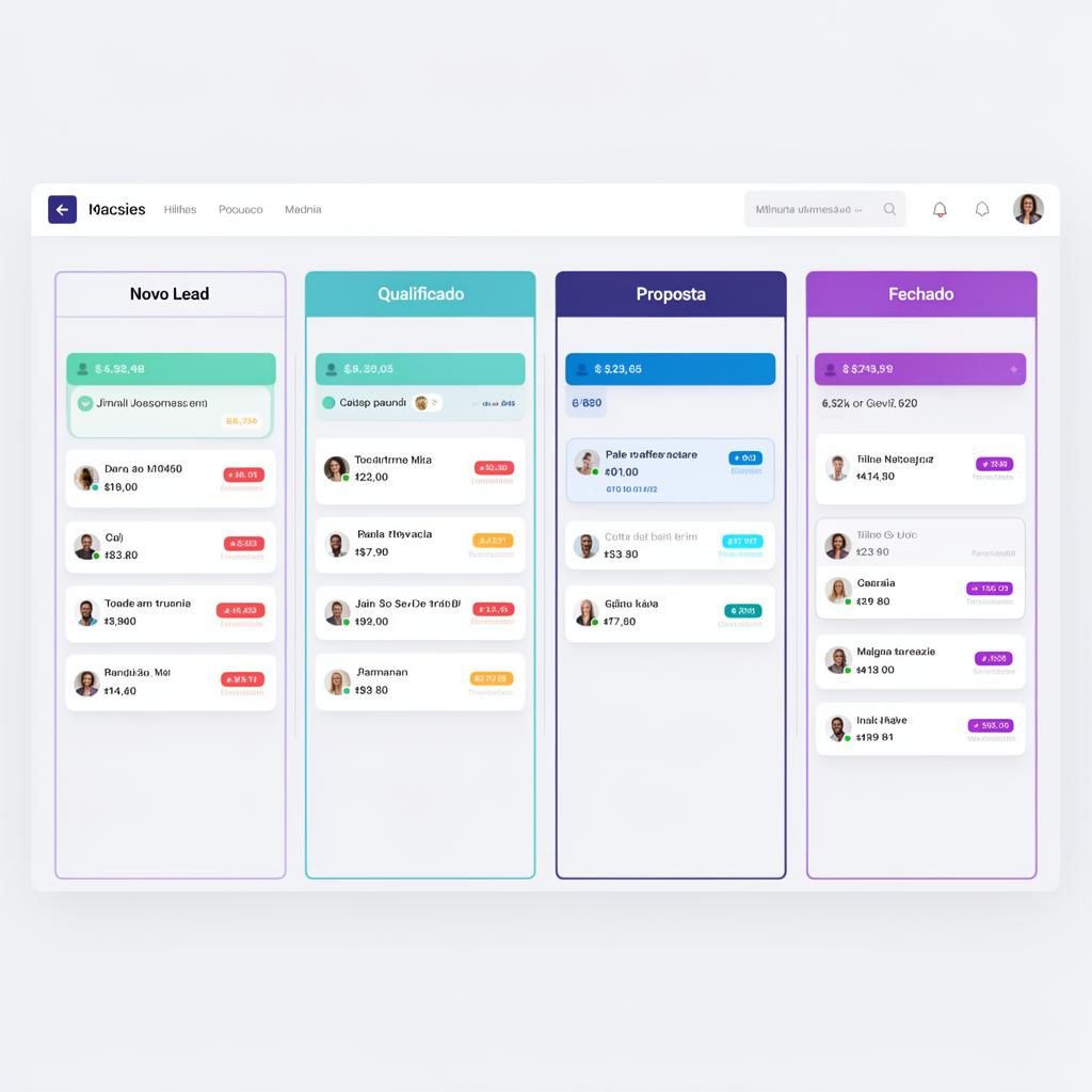 Kanban de vendas com colunas e cards